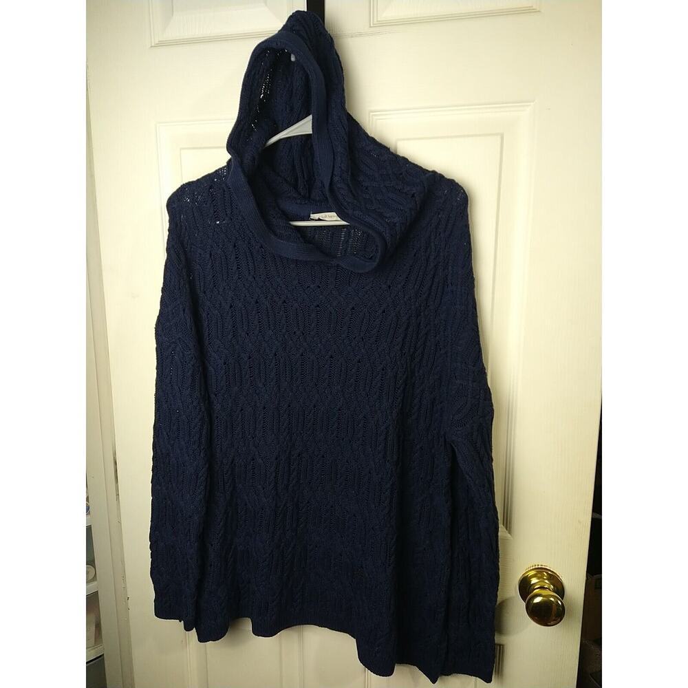 Soft Surroundings Woman L Sweater Blue Hooded Open Cable Knit Long Sleeve